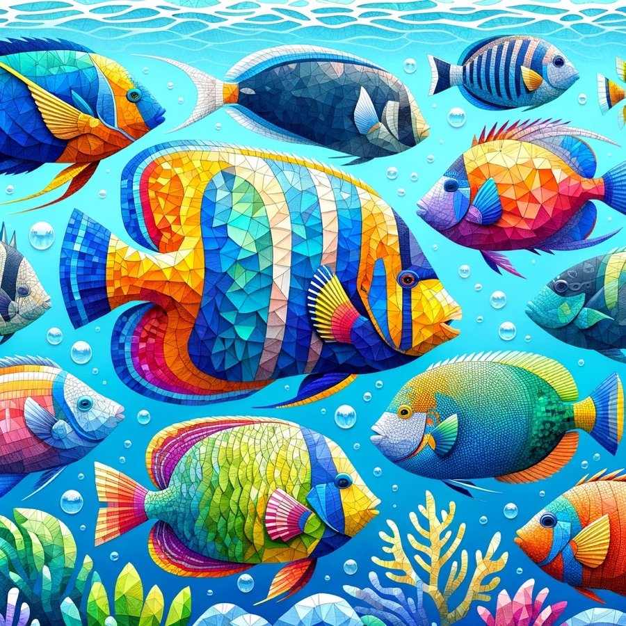A school of Caribbean reef fish in paper-mosaic style