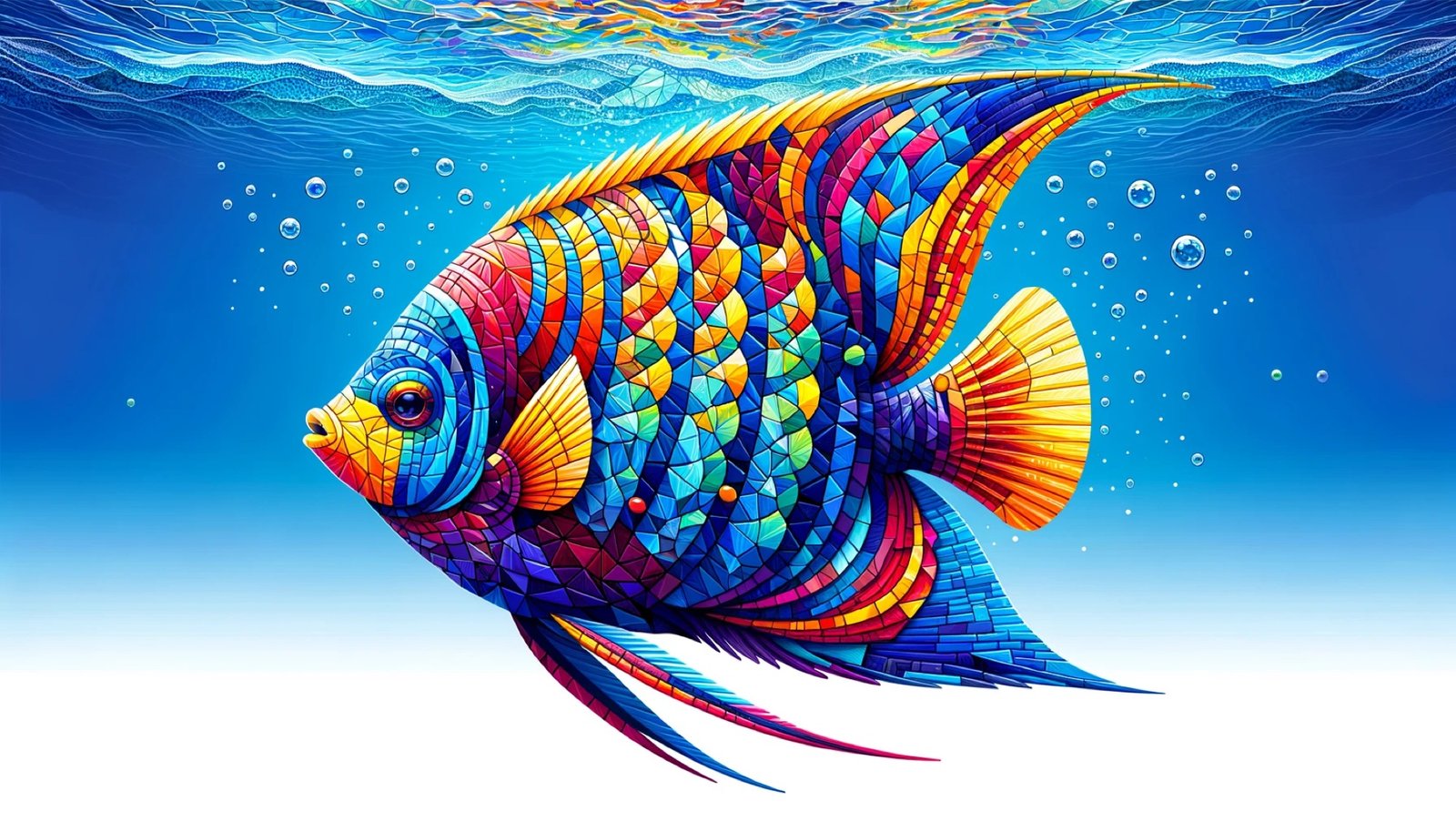Queen angelfish in a colorful paper-mosaic style